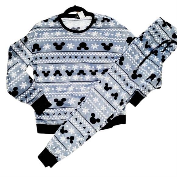 Disney Womens Mickey Mouse Snowflake Fleece Pajama Set Size X-Small Grey Black - Picture 1 of 16